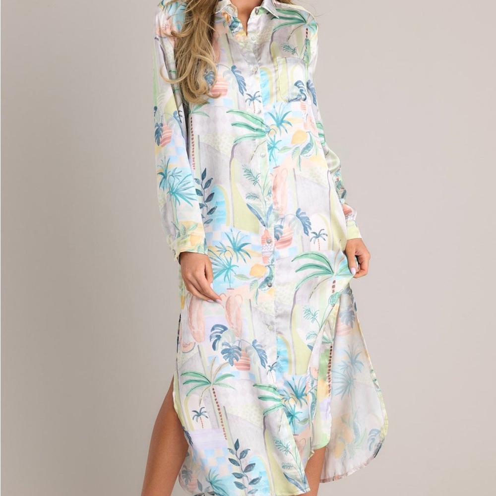 Dress Forum Multicolor Tropical Button Up Long Sleeve Midi Dress